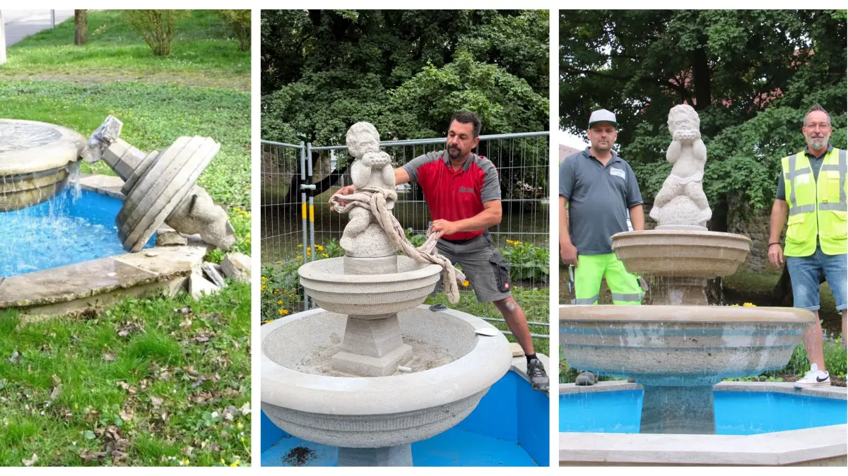 Am vergangenen Donnerstag hat Tobis Mietz den Flötenspieler auf den Brunnen gesetzt, am Wochenende sind die Gitter von der kleinen Baustelle entfernt worden. Am Dienstag haben Hennig Spieler Daniel Weiß die „Baustelle“ freigegeben. Und jetzt spielt er wieder, der kleine Junge aus Stein.
