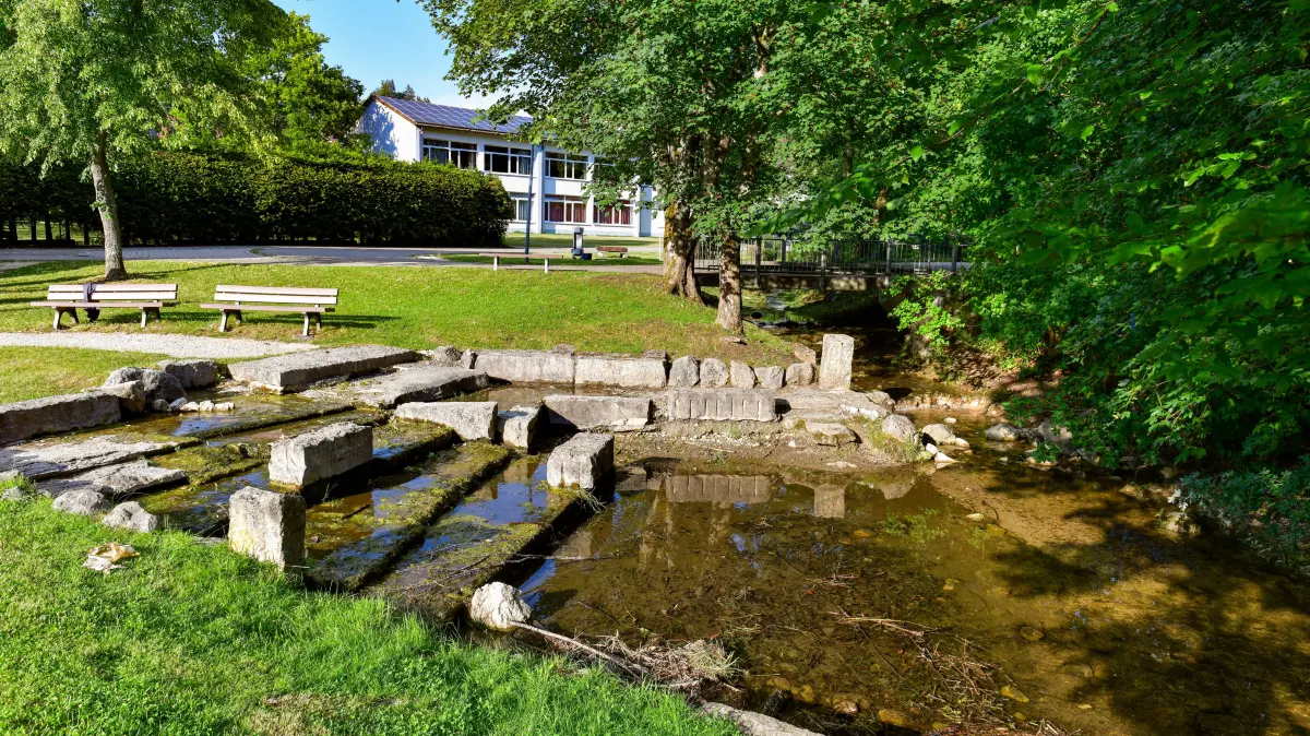 Die Wassertreppe beim Unterdigisheimer Dorfplatz hat schon bessere Tage erlebt. Aufgrund zunehmender Wasserknappheit breiten sich seit Jahren Algen und Moos aus. Ein Balinger Büro erarbeitete drei Lösungsideen.