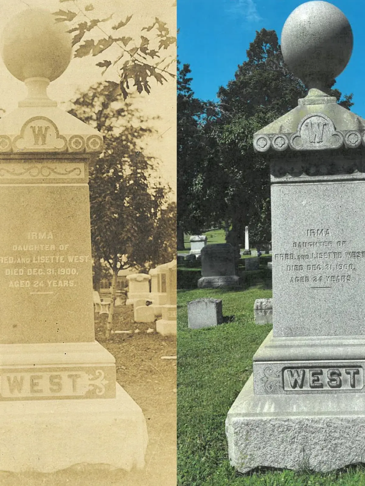 Zwischen diesen Aufnahmen liegen 125 Jahre: das Grabmal der Familie West um 1901 (links) und 2026 (rechts).