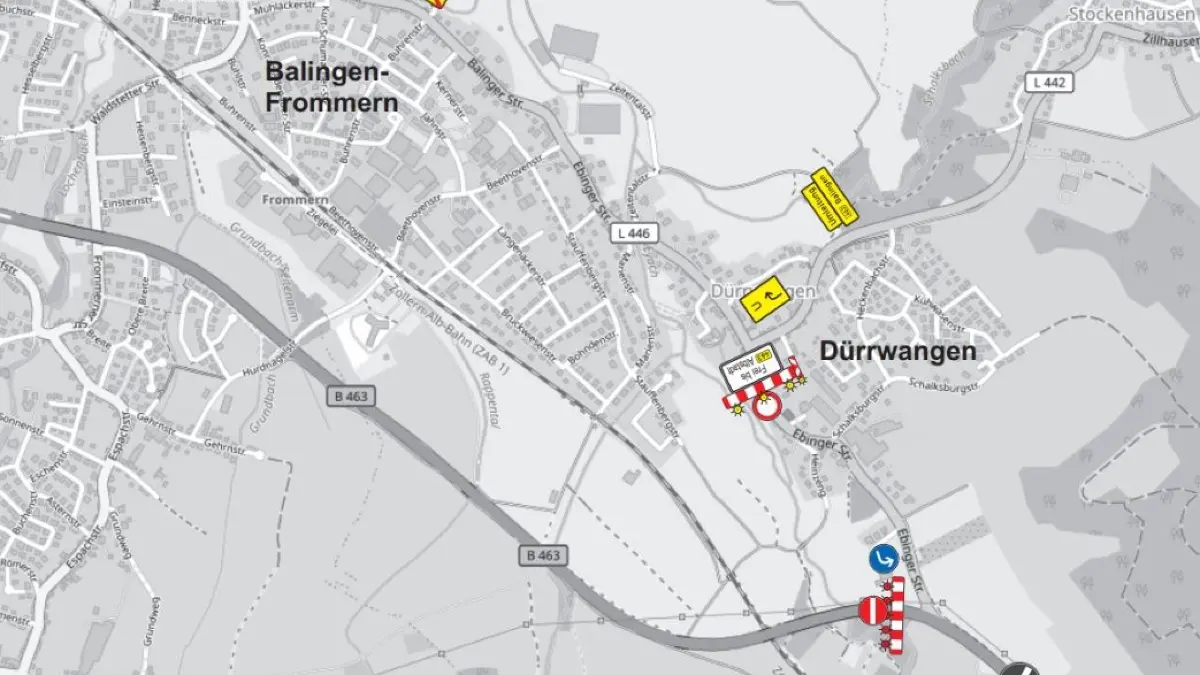 Die Grafik des Regierungspräsidiums zeigt: Der B463-Abschnitt zwischen Dürrwangen und Balingen wird gesperrt. Der Verkehr muss durch Frommern rollen.