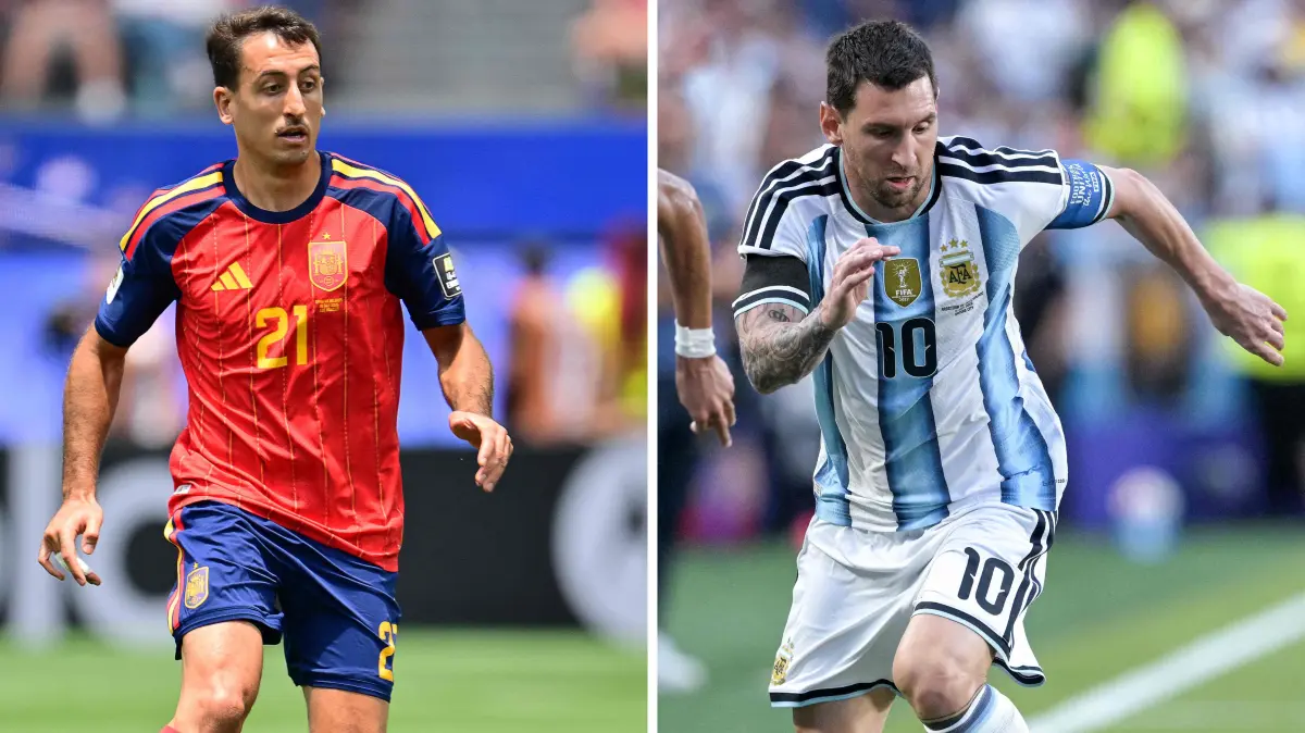 COMBO-FBL-WC-2026-MATCH104-ESP-ARG-FINAL: (COMBO) This combination of file photos created on July 16, 2026, shows Spain's forward #21 Mikel Oyarzabal in Inglewood on July 10, 2026 (L); and Argentina's forward #10 Lionel Messi in Kansas City on July 11, 2026. Spain and Argentina will meet in the 2026 World Cup football tournament final match at the New York/New Jersey Stadium in East Rutherford on July 19, 2026. (Photo by Frederic J. BROWN and Juan MABROMATA / AFP)
