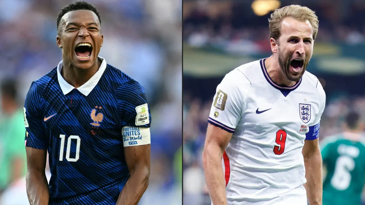 COMBO-FBL-WC-2026-MATCH103-FRA-ENG: This combination of pictures created on July 16, 2026 shows France's forward #10 Kylian Mbappe celebrating at the Philadelphia Stadium in Philadelphia on July 4, 2026, and England's forward #09 Harry Kane celebrating at the Mexico City Stadium in Mexico City on July 5, 2026. France and England will meet in the 2026 World Cup football tournament match for third place at the Miami Stadium in Miami on July 18, 2026. (Photo by MAURO PIMENTEL and Rodrigo Oropeza / AFP)