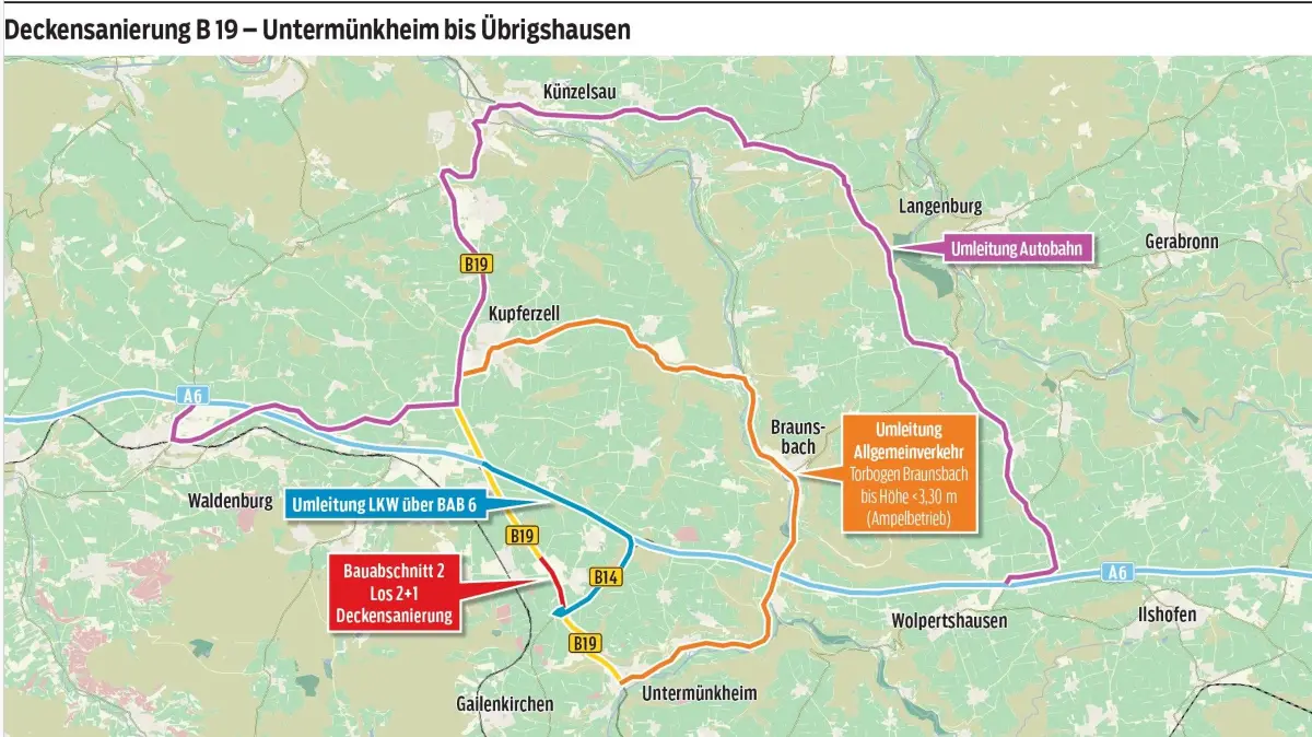 Die Umleitungsstrecken für die B-19-Sperrung zwischen dem 29. Juli und dem 11. September.