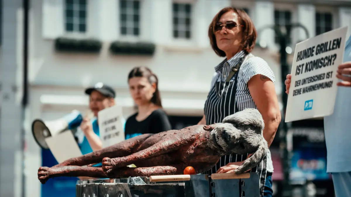 Mit einer Hundeattrappe auf einem Grill protestierten PETA-Aktivistinnen auf dem Reutlinger Marktplatz gegen Fleischkonsum. Die bewusst provokante Aktion sollte Passanten dazu anregen, den Unterschied zwischen Haus- und Nutztieren zu hinterfragen.
