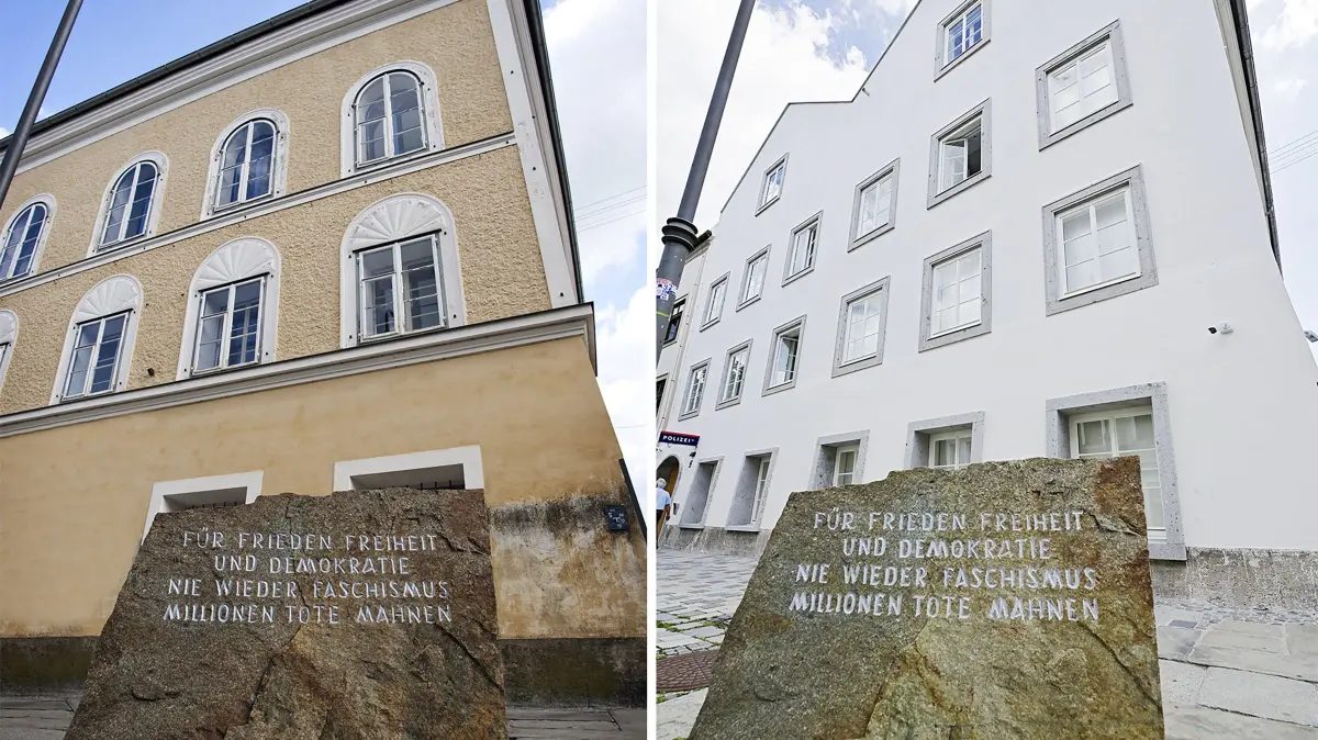 Police station opens in Hitler birth house: (COMBO) This combination of pictures created on July 22, 2026 shows Adolf Hitler’s birthplace, photographed on September 20, 2012, in Braunau, Austria and (R) Adolf Hitler’s birthplace in Braunau, Austria, photographed on July 22, 2026. The controversial redesign of the house in the northern Austrian town of Braunau started in 2023. Following years of legal wrangling, the government took control of the dilapidated building in 2016 and decided to turn the house, where Hitler was born in 1889, into a police station that will be inaugurated on July 22, 2026. (Photo by MANFRED FESL / APA / AFP) / Austria OUT