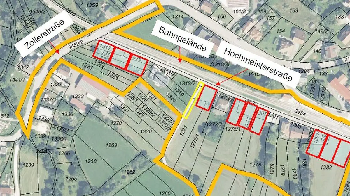 Drei Hektar groß ist das Gebiet entlang der Hochmeisterstraße und der Zollerstraße, das die Gemeinde Jungingen neu ordnen will (im orangefarbenen Rahmen). Eine erste Skizze zeigt, wo zehn neue Bauplätze (in Rot) entstehen könnten.