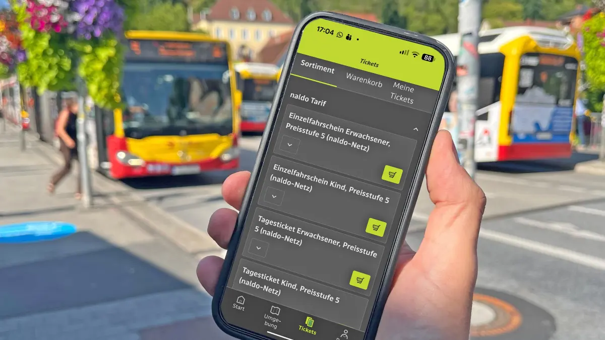 Im Menüpunkt "Tickets" der neuen Ausbaustufe der Naldo-App gibt es keine Einzelfahrscheine für den Tübus. Die findet man nur über eine Fahrtabfrage.