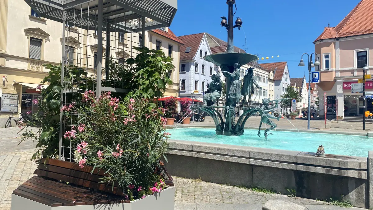 Zwei dieser achteckigen Blumenbänke gibt es jetzt in Ehingen.