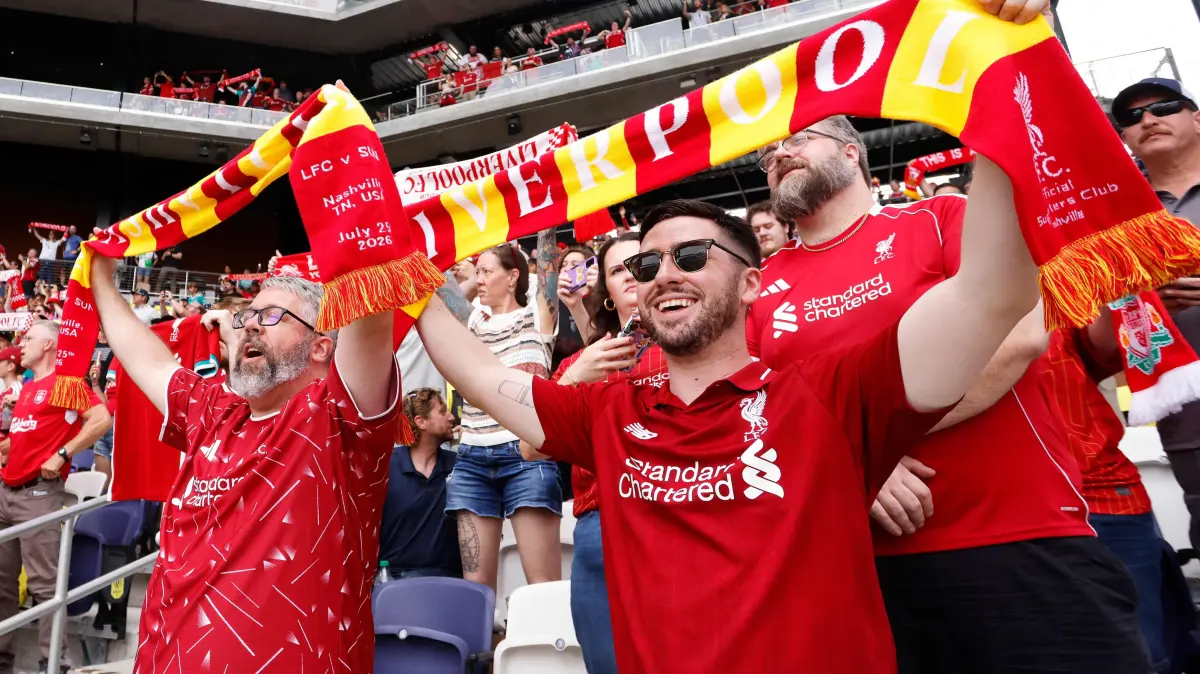 Liverpool FC v Sunderland AFC - Pre-Season Friendly: NASHVILLE, TENNESSEE - JULY 25: Fans of Liverpool FC react during the pre-season friendly match against Sunderland AFC at GEODIS Park on July 25, 2026 in Nashville, Tennessee. Johnnie Izquierdo/Getty Images/AFP (Photo by Johnnie Izquierdo / GETTY IMAGES NORTH AMERICA / Getty Images via AFP)