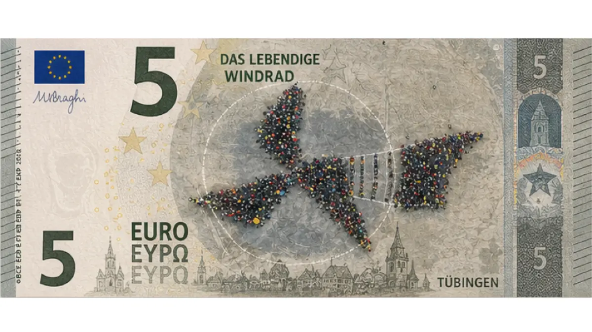 Der Tübinger Fünf-Euro-Schein mit dem menschlichen Windrad. (mit KI generiert)