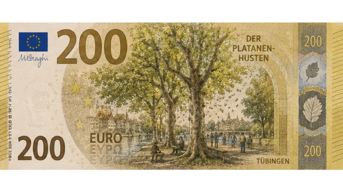 Der Tübinger Zweihundert-Euro-Schein mit Plantanenhusten. (mit KI generiert)