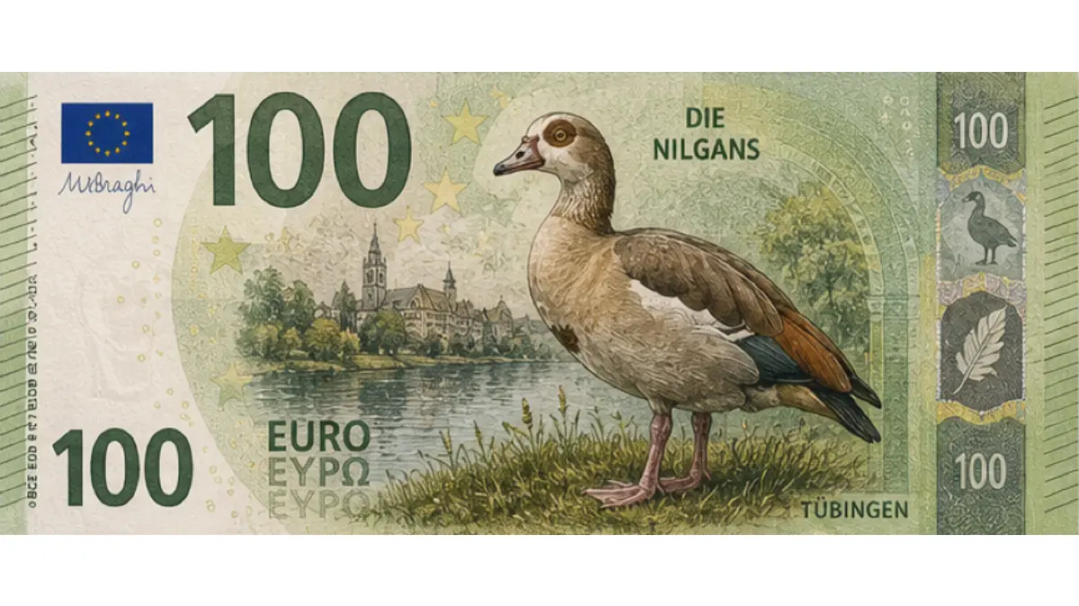 Der Tübinger Einhundert-Euro-Schein mit der Nilgans. (mit KI generiert)