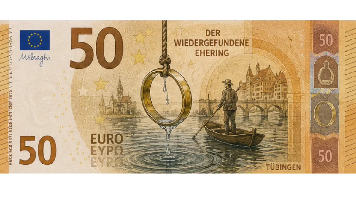 Der Tübinger Fünfzig-Euro-Schein mit dem wiedergefundenen Ehering. (mit KI generiert)