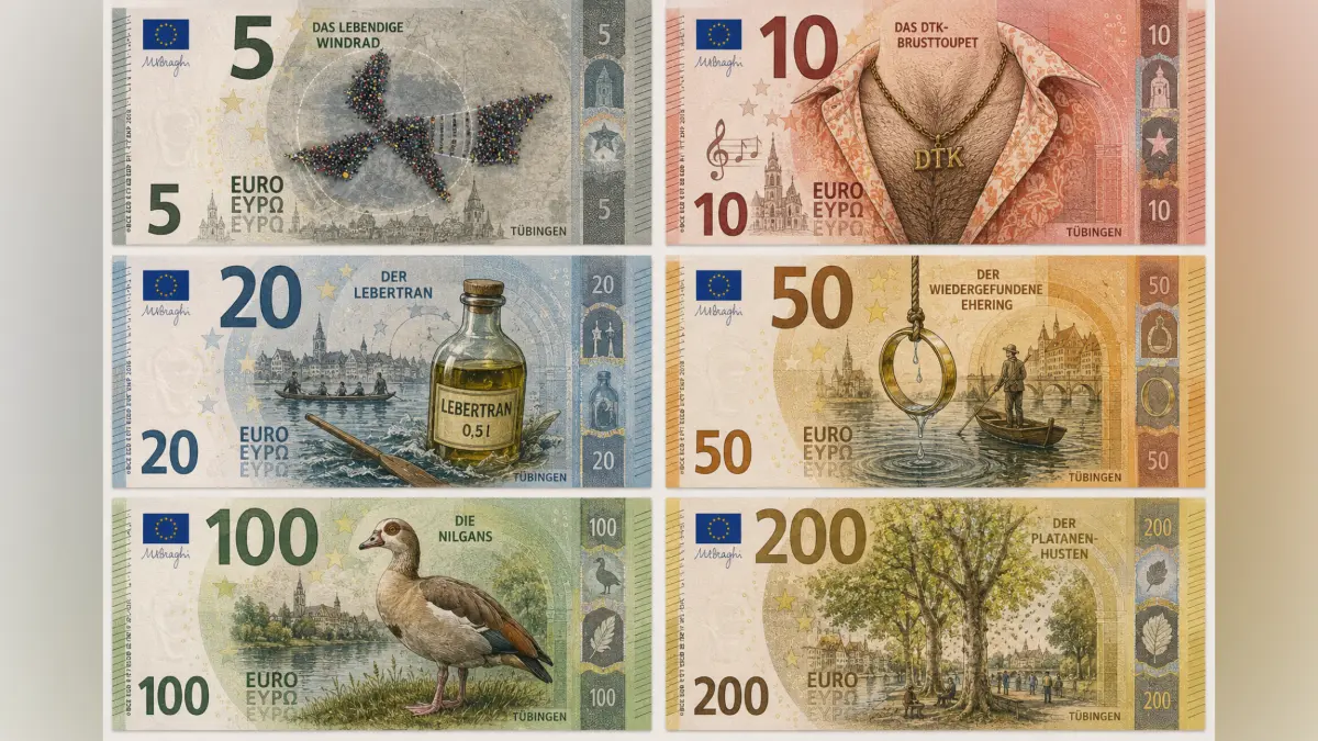 So könnten die neuen Euroscheine aussehen, wenn Tübingen das Thema wäre (mit KI generiert)