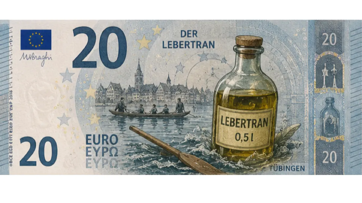 Der Tübinger Zwanzig-Euro-Schein mit Lebertran. (mit KI generiert)