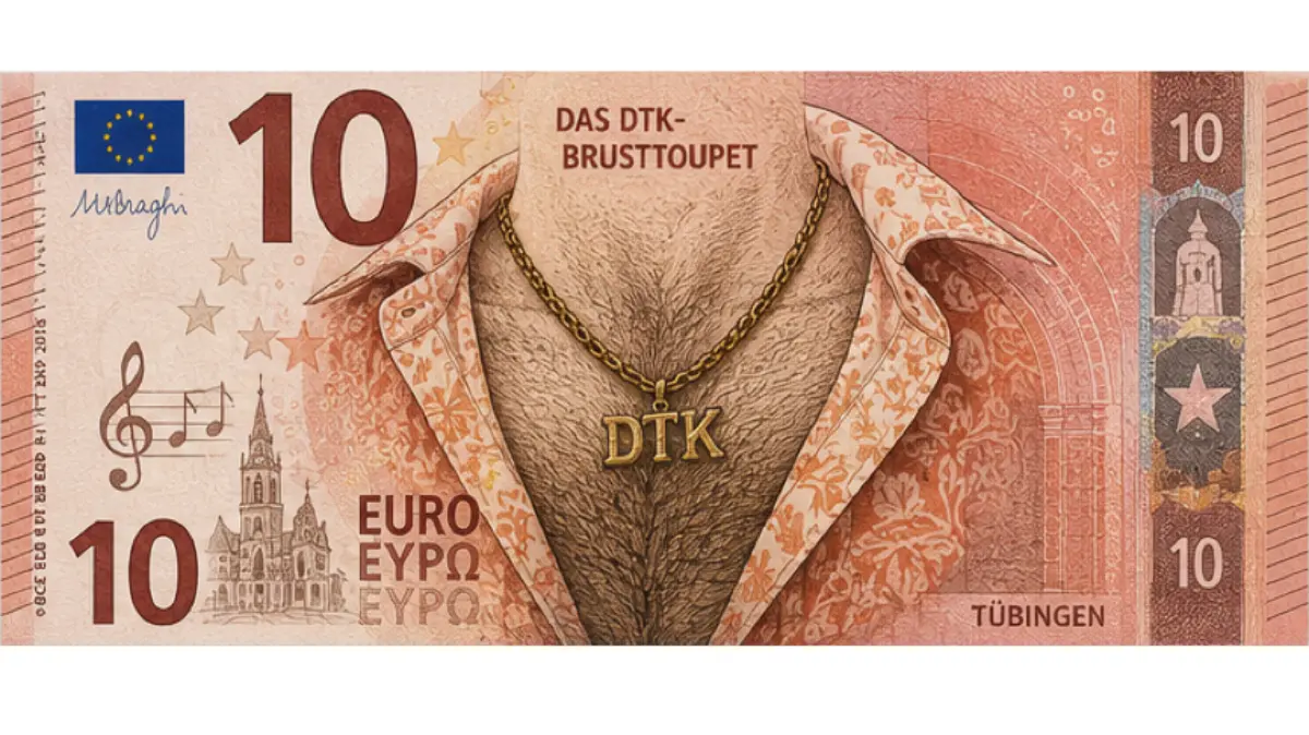 Der Tübinger 10-Euro-Schein mit DTK’s Brustbehaarung. (mit KI generiert)