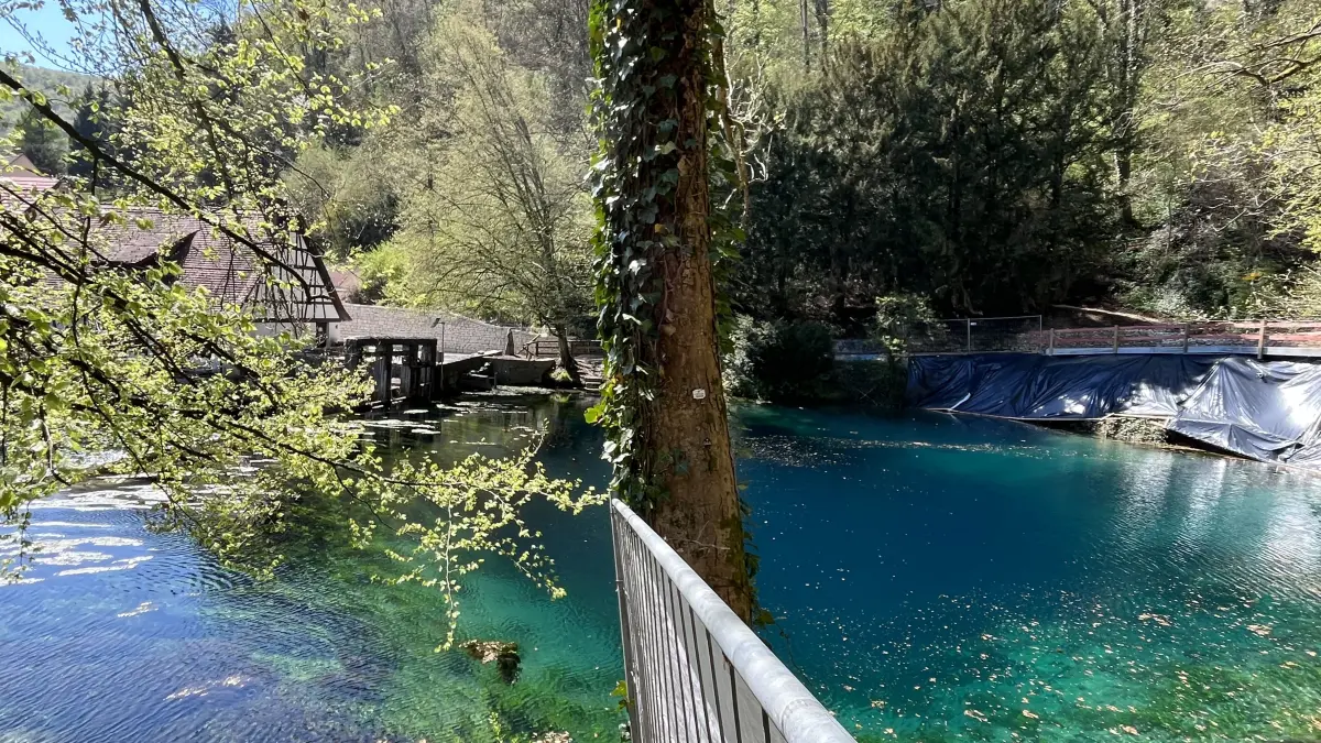 Ab Mitte September soll der momentan mit schwarzen Planen bedeckte Hang am Rand des Blautopfs mit einem Stahlgeflecht stabilisiert werden.