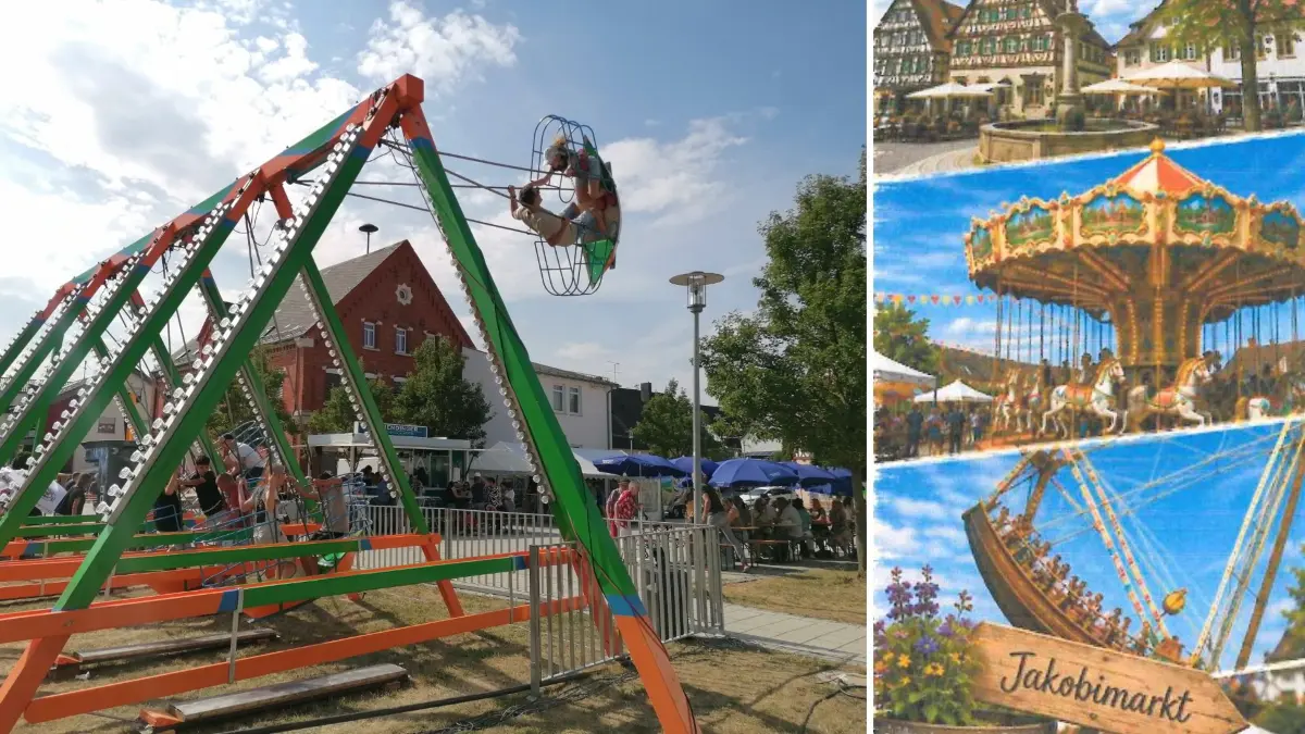 Links: Ein Bild der realen Schiffsschaukel beim Nellinger Jakobimarkt in diesem Jahr. Rechts: KI-generierte Bilder, die auf dem Werbeflyer zu sehen sind.