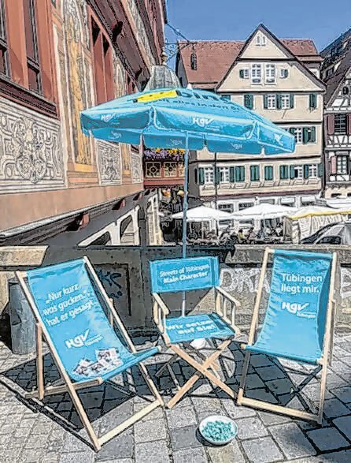 Der Tübinger HGV wird 40, davon zeugen die vielen türkisfarbenen Klapp- und Liegestühle, die ab dem Wochenende in der Innenstadt zur Pause einladen.⇥Foto: HGV Tübingen
