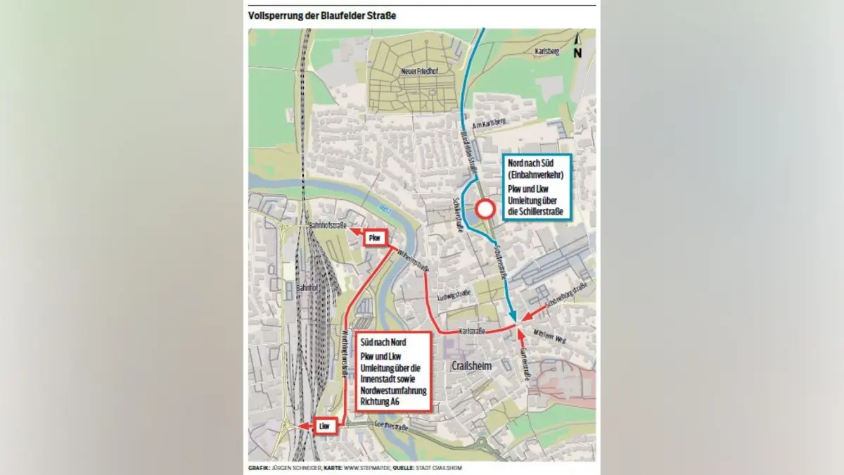 Die Blaufelder Straße kann während der Sanierung der Fußgängerunterführung lediglich aus Richtung Satteldorf befahren werden.