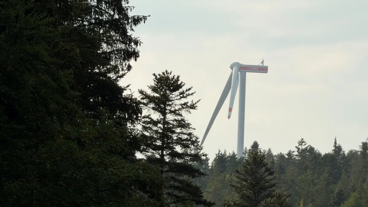 Beim defekten Windrad auf dem Kälbling bei Bad Wildbad werden die Rotorblätter wieder abmontiert.