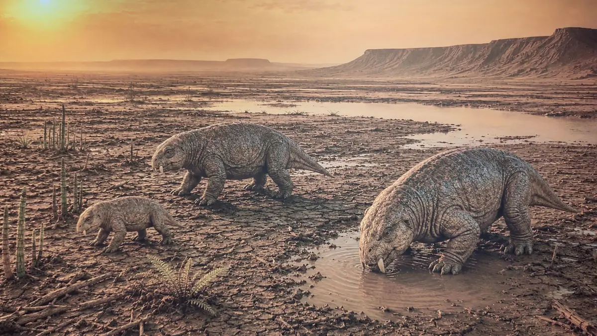 Drei noch junge Dicynodontier in der kargen Landschaft des frühen Trias nach dem großen Massenausterben von 90 Prozent aller Arten.