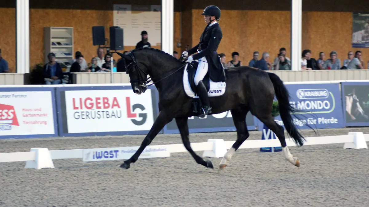 Nicole Casper (RV Gestüt Birkhof) mit Sir Copperfield wurde beim Turnier des Gestüts Birkhof Dritte in der Qualifikation zum Iwest Dressur-Cup.