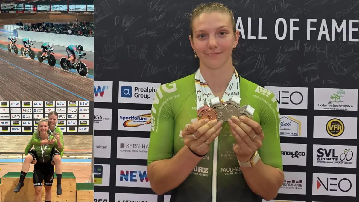 Alessa-Catriona Pröpster (rechts) glänzt bei der Bahnrad-DM mit vier Medaillen. Die 25-Jährige (unten) mit Teamkollegin Lara-Sophie Jäger. In der Vierer-Verfolgung führt Pröpster mit schwarzem Helm das Team an.