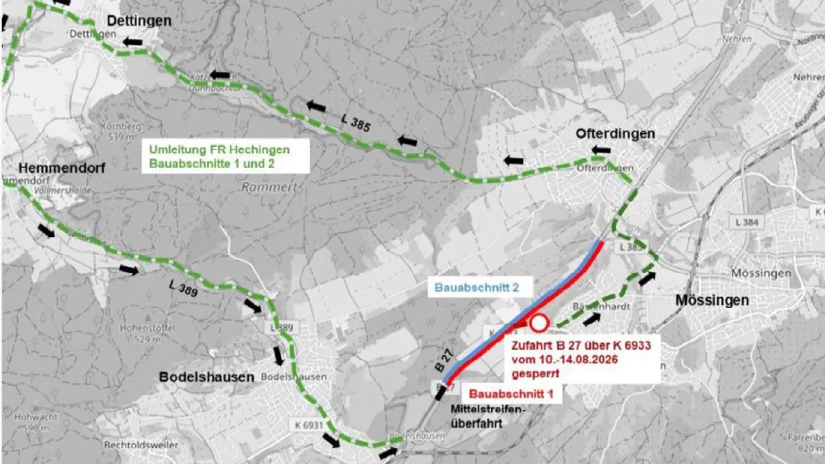 Auch wenn man vieles nur erraten kann: Die Skizze macht deutlich, dass die Umleitung der B 27 zwischen Ofterdingen und Bodelshausen in die Kilometer und je nach Verkehrsaufkommen an die Nerven geht.
