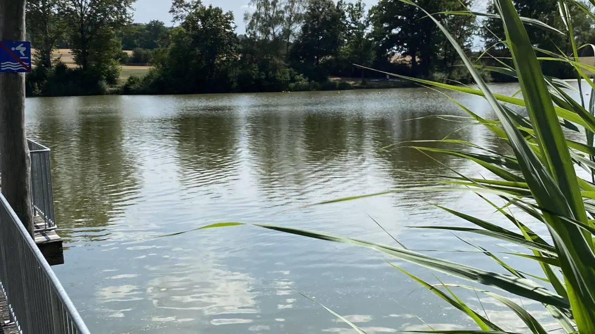 Blick auf den Degenbachsee vom Badesteg aus. Die Wolken spiegeln sich auf der Wasseroberfläche. Wasserlinsen sind nur vereinzelt am Ufer zu sehen.