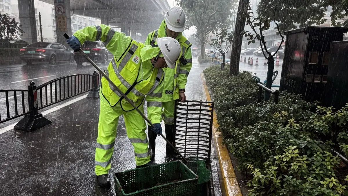 Taifun „Dolphin“ in China: 09.08.2026, China, Shanghai: Arbeiter reinigen einen Abflussrost auf einer Straße im Bezirk Xuhui. Shanghai wurde am Sonntag von starken Winden und Regenfällen heimgesucht, als sich der Taifun „Dolphin“ näherte; die Auswirkungen des Taifuns werden voraussichtlich bis zum 11. August andauern. Foto: Wei Qingfeng/XinHua/dpa +++ dpa-Bildfunk +++