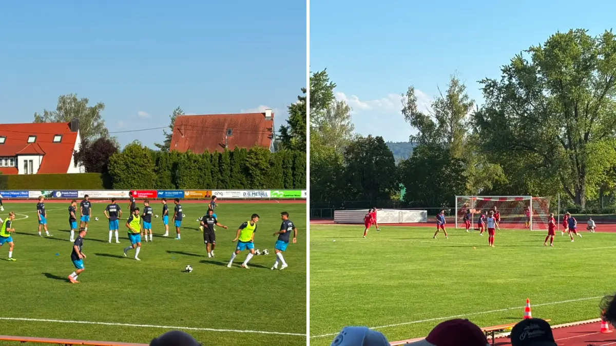 Die Kickers (links) und der FC Rottenburg wärmen sich auf.