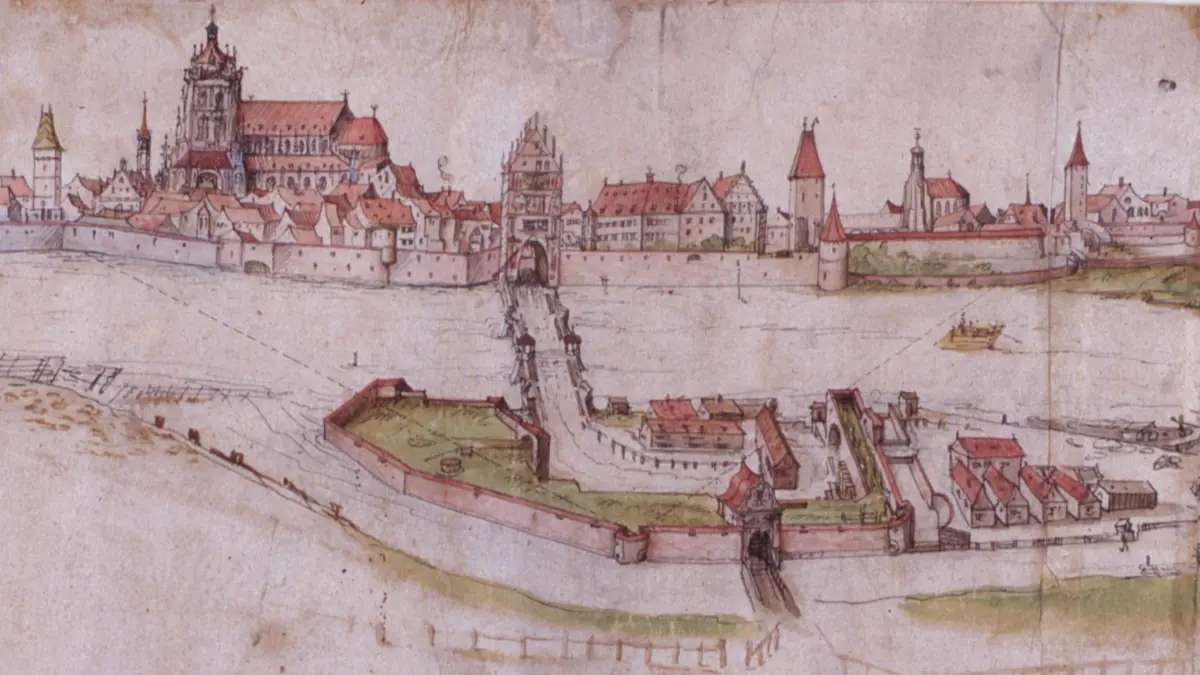So sah die Donau um 1580 im Normalzustand aus. Vierzig Jahre zuvor, im Dürre-Sommer 1540, konnten Kinder sie an der Herdbrücke durchwaten. Und als endlich der Regen kam, fiel er derart heftig, dass das Gebiet am unteren Bildrand unter Wasser stand.