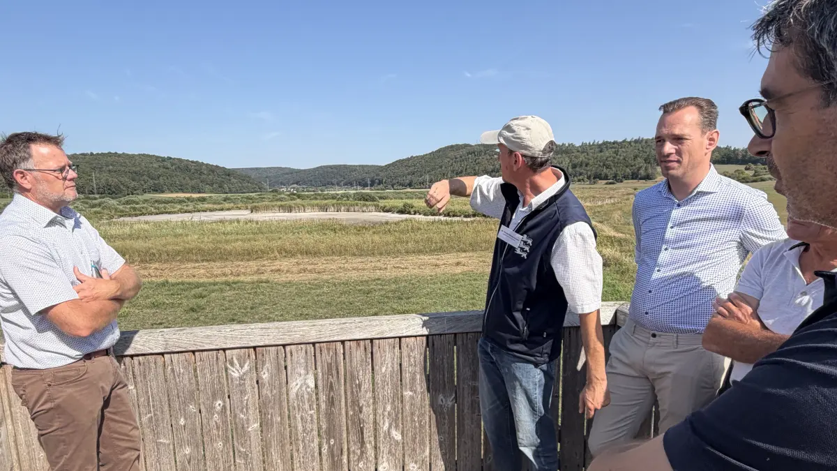 Kein Wasser mehr da: Der Schmiechener See liegt derzeit trocken. Beim Besuch von Staatssekretär Baumann (rechts) waren Bürgermeister Florian Teichmann, Dr. Guido Waldenmeyer vom RP und Schmiechens Ortsvorsteher Werner Meixner vor Ort.
