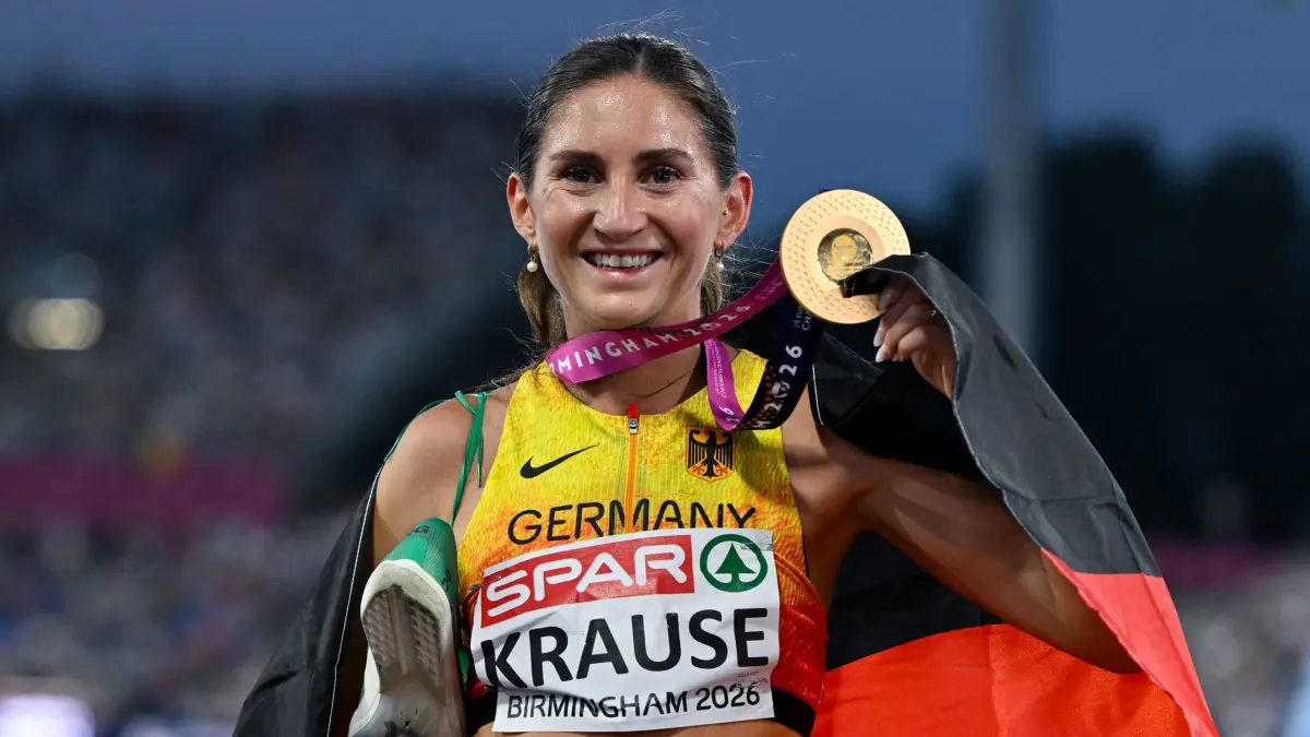 Leichtathletik: Europameisterschaft: 13.08.2026, Großbritannien, Birmingham: Leichtathletik: Europameisterschaft, Frauen, 3.000 Meter Hindernis, Finale, Gesa Krause (Deutschland) jubelt über Gold. Foto: Sven Hoppe/dpa +++ dpa-Bildfunk +++