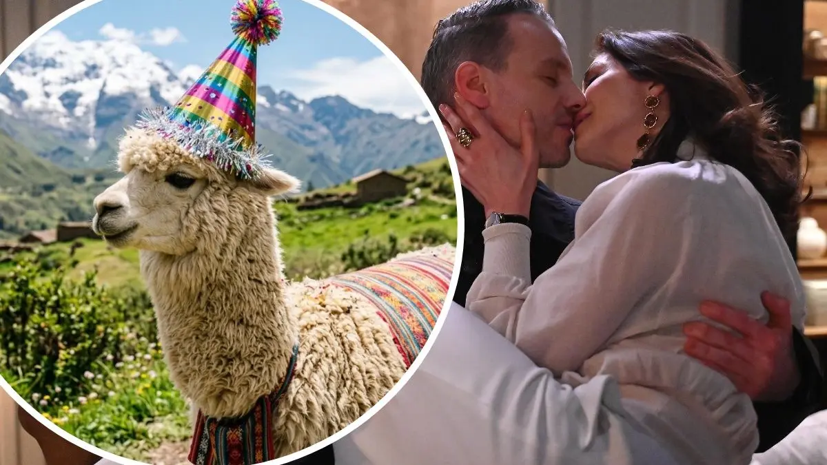Total verrückt! Gabriella und Kilian werden von einem Lama mit Party-Hut zur Flucht gezwungen.