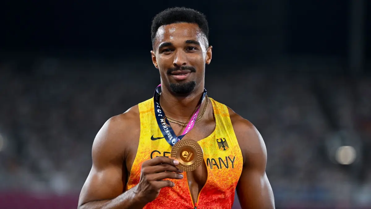 Leichtathletik: Europameisterschaft: 13.08.2026, Großbritannien, Birmingham: Leichtathletik: Europameisterschaft, Männer, Zehnkampf, 1500m, Leo Neugebauer freut sich über Gold. Foto: Sven Hoppe/dpa +++ dpa-Bildfunk +++