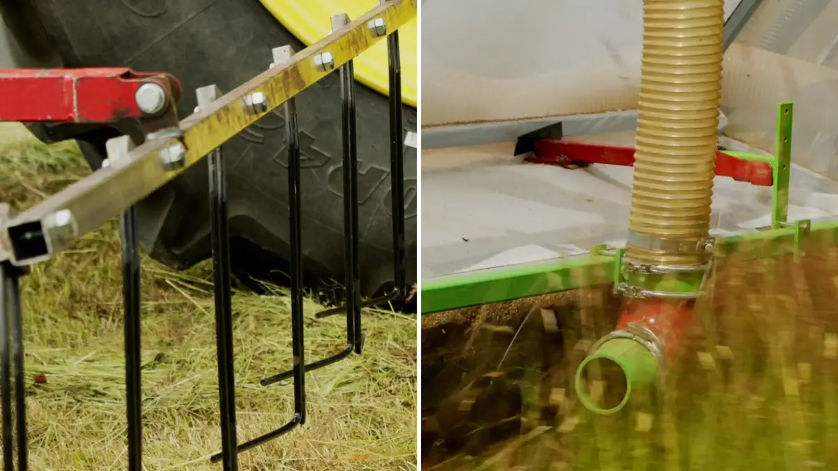 Die Bügelscheuche (links) fährt mit Metallzinken durch das Gras und bringt Insekten dazu, sich selbst in Sicherheit zu bringen. Bei der Gebläsescheuche (links) pustet ein quer vor dem Mähwerk montiertes Gebläse die Insekten aus der Gefahrenzone.