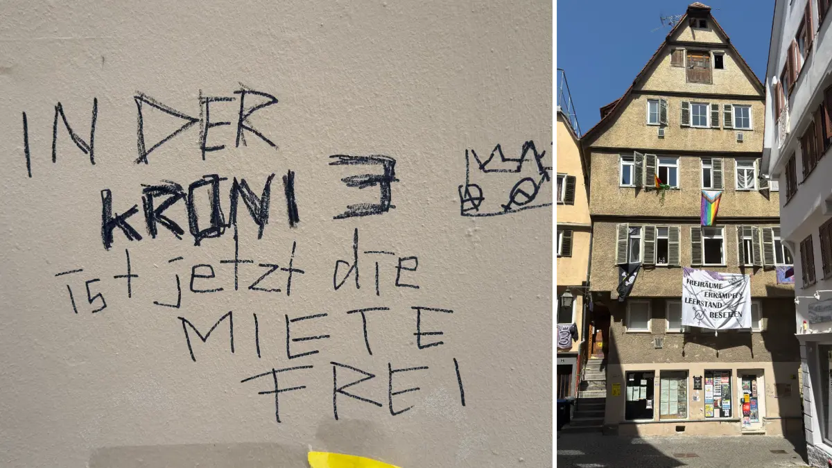 "In der Kroni 3 ist jetzt die Miete frei", steht auf einem Palkat an dem Gebäude in der Tübinger Kronenstraße 3, das seit Ende Juli von einer Gruppe Aktivisten besetzt ist.