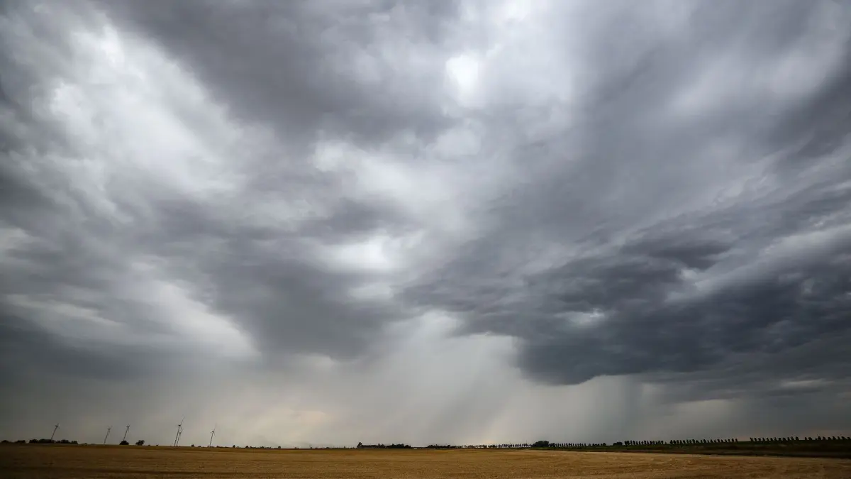 Regen, Sturm und Gewitter: ARCHIV - 19.07.2023, Sachsen-Anhalt, Lützen: Eine Regenfront zieht über ein Getreidefeld hinweg. (zu dpa: «Nach der Hitze wird es in Sachsen wieder kühler») Foto: Jan Woitas/dpa +++ dpa-Bildfunk +++