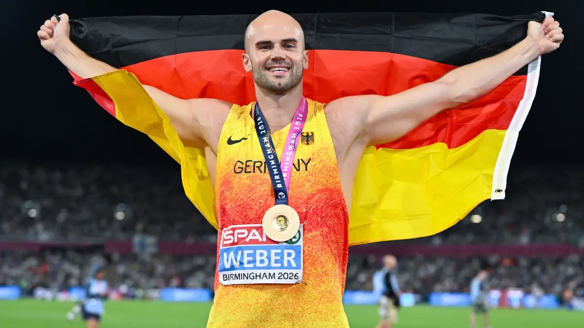 Leichtathletik: Europameisterschaft: 15.08.2026, Großbritannien, Birmingham: Leichtathletik: Europameisterschaft, Männer, Speerwurf, Finale, Julian Weber (Deutschland) freut sich über Gold. Foto: Sven Hoppe/dpa +++ dpa-Bildfunk +++