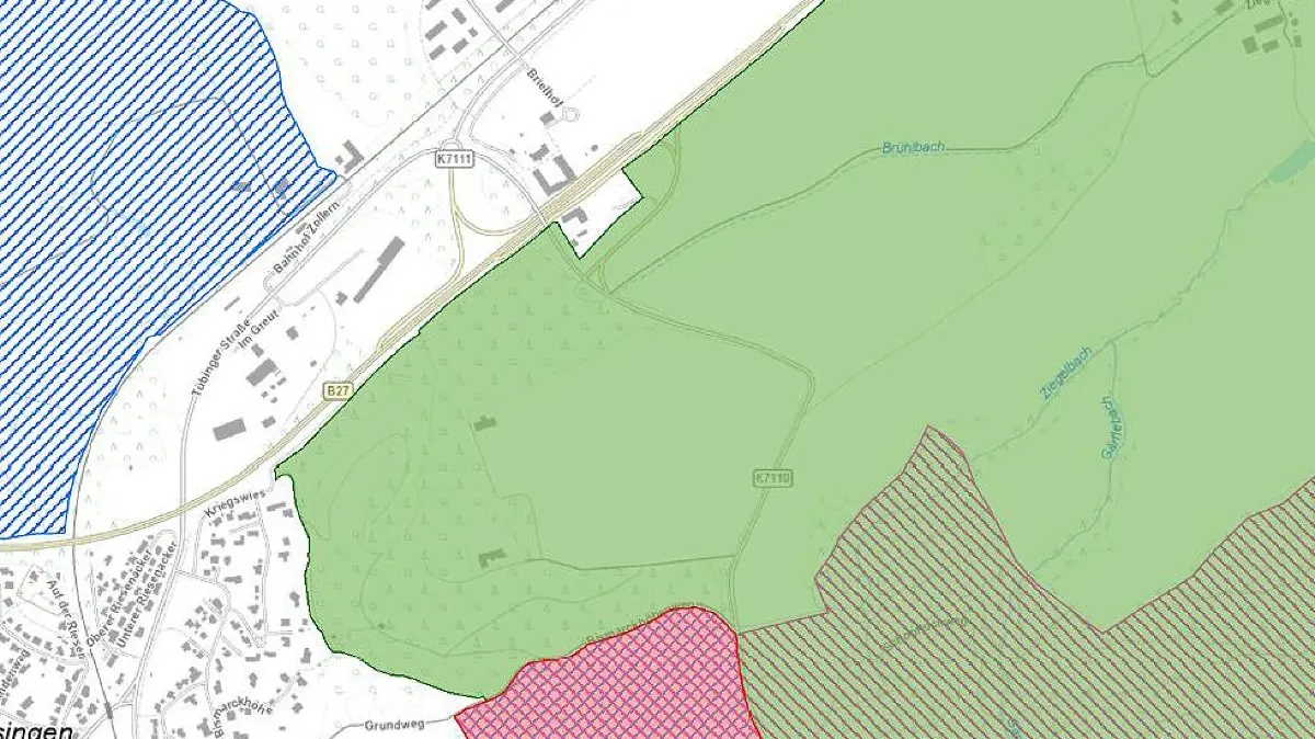 Zuviel schützenswerte Natur gab es rund ums Feuerwerk, sagt der Nabu. Hellgrün ist Landschaftsschutzgebiet oberhalb der B 27 beim Brielhof, Rot ist das Naturschutzgebiet Zollerhalde. Geböllert wurde im Hellgrünen, am ersten Knick der Burgauffahrt.