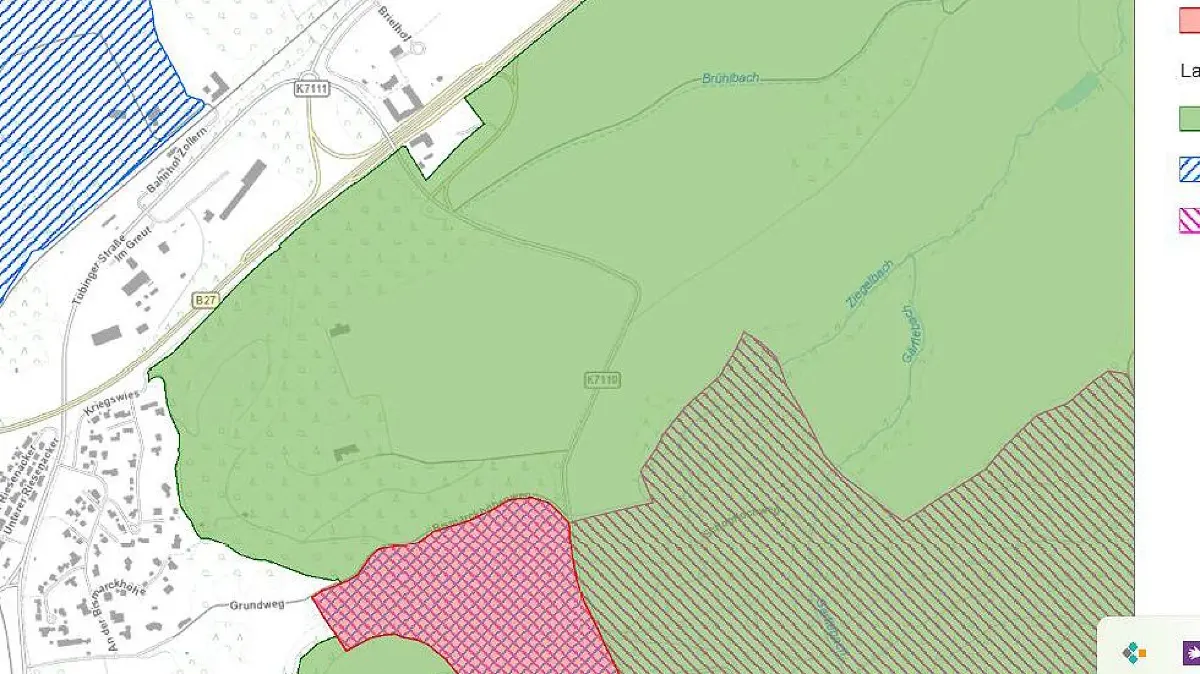 Zuviel schützenswerte Natur gab es rund ums Feuerwerk, sagt der Nabu. Hellgrün ist Landschaftsschutzgebiet oberhalb der B 27 beim Brielhof, Rot ist das Naturschutzgebiet Zollerhalde. Geböllert wurde im Hellgrünen, am ersten Knick der Burgauffahrt.