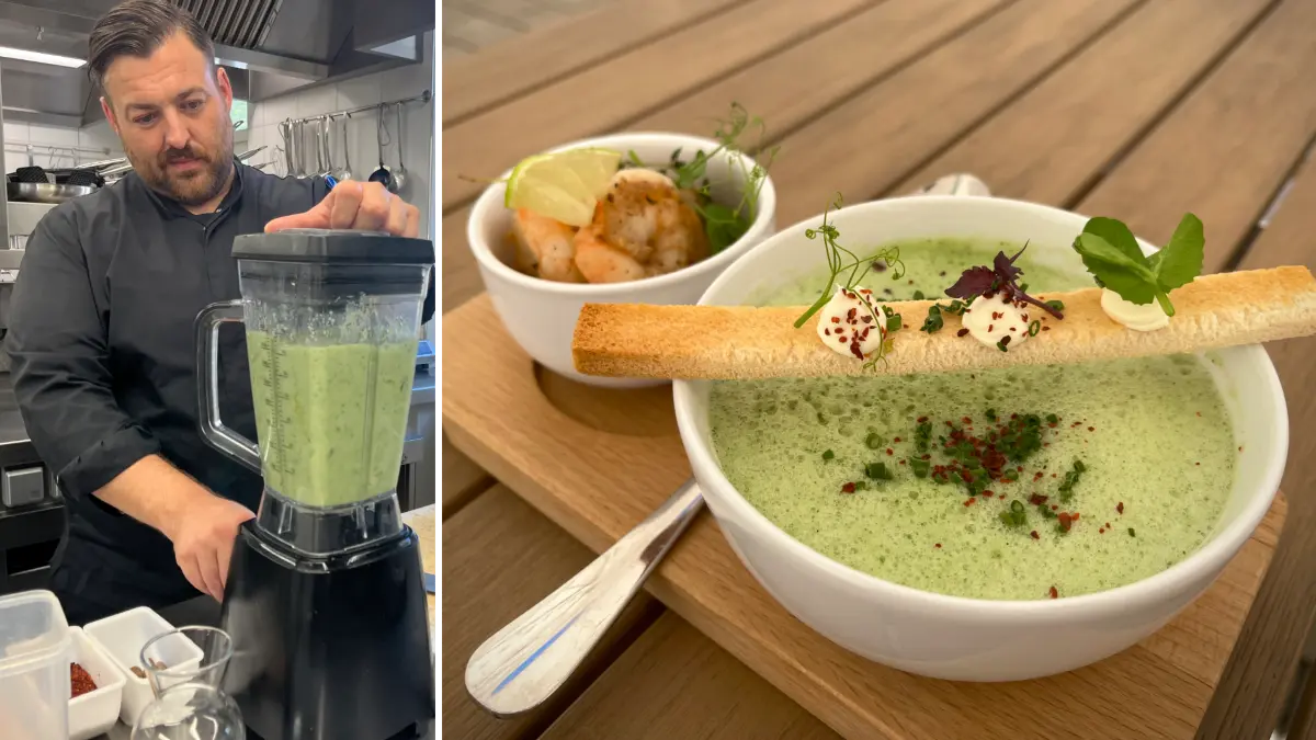Marc Winter zeigt in seiner Küche im Gestütgasthof Offenhausen wie er eine geeiste Gurkensuppe mit Buttermilch zubereitet.