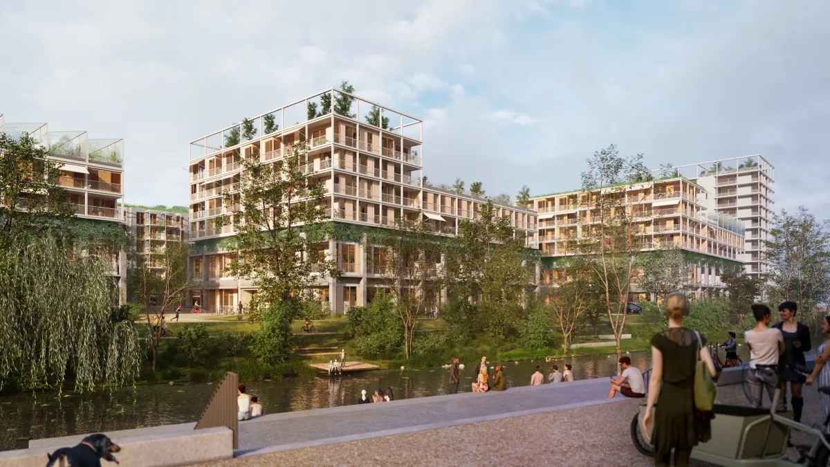Eine Visualisierung, die die Projektentwickler stolz vorzeigen: So könnte das Blau-Quartier im Westen der Stadt eines Tages aussehen.