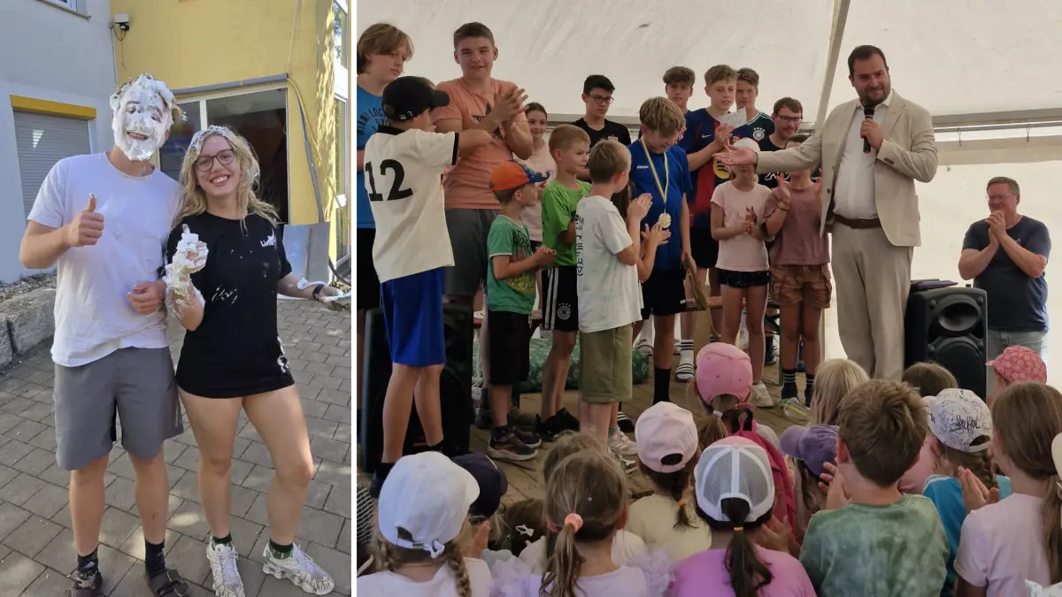 So geht's in der Spielstadt mal zu: Finn und Lina hatten noch Rasierschaum von einem Mal-Workshop übrig, Bürgermeister Robin Menholz setzt den Spielstadt-Bürgermeister ins Amt ein.