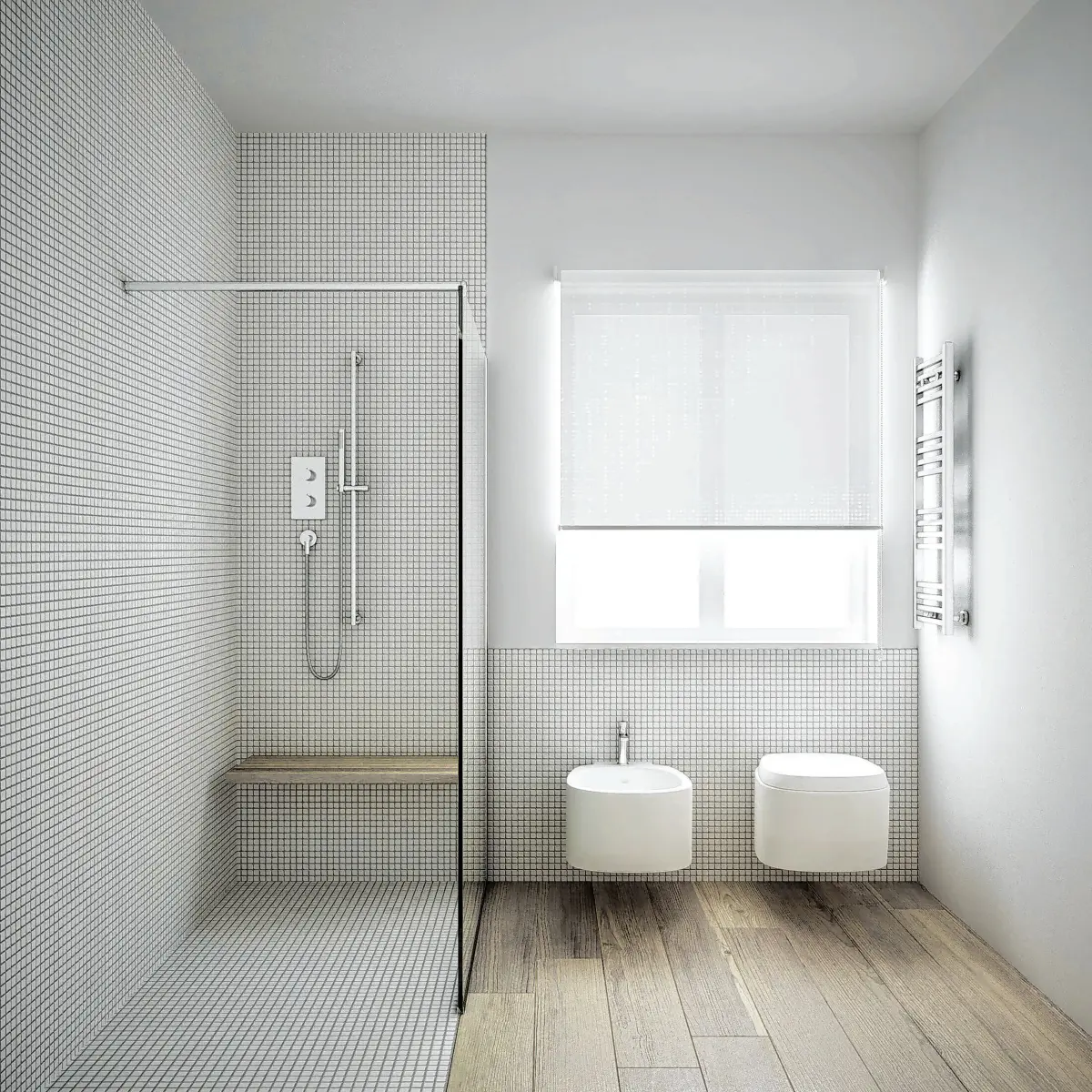 Die Dielen aus Eiche mit ihrer markanten Maserung werten das Gäste-Bad/WC auf und sind gleichzeitig robust, auch bei Feuchtebeanspruchung. ⇥Foto: ArchiVIZ - stock.adobe.comi