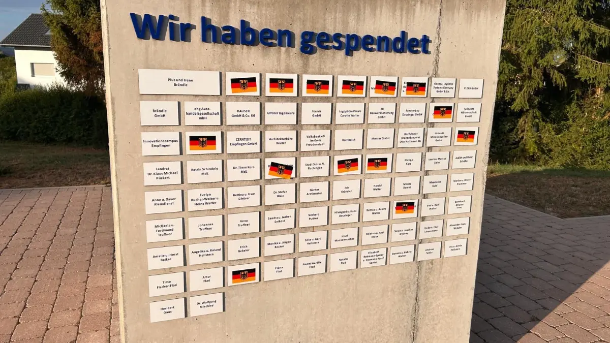 Auch die Spendentafel für die Empfinger Jubiläumskunst blieb nicht verschont: Mehrere Namen von Unterstützern wurden mit Deutschland-Aufklebern überklebt.