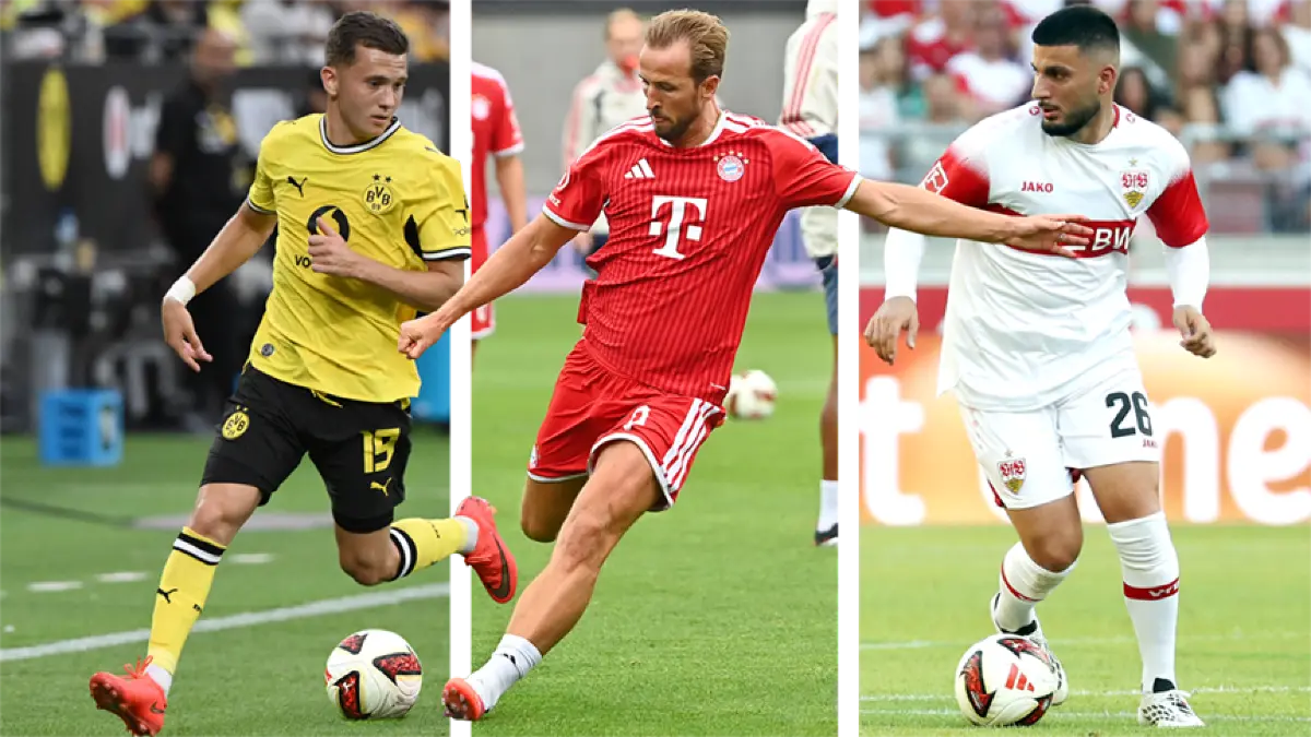 Optik zum Start der Fußball-Bundesliga: von links Konstantinos Karetsas (Borussia Dortmund), Harry Kane (Bayern München) und Deniz Undav (VfB Stuttgart)
