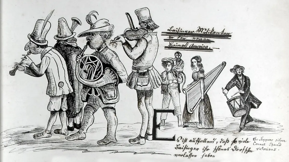 „Baisinger Musikanten in der neuen Heimath America“, die erfolgreiche „Stoppers Silver Cornet Band“. Die Zeichnung stammt von Pfarrer Michael Walter in der Baisinger Pfarrchronik von 1862.